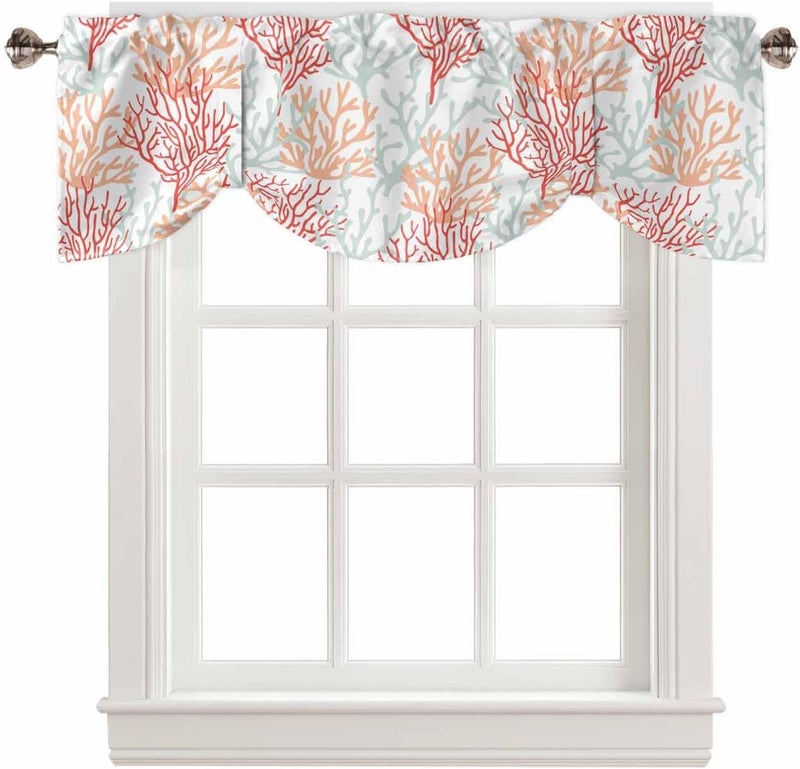RisQiten Red Orange Gray Coral Coastal Tie Up Valance Curtains for Windows, Summer Beach Kitchen Curtains Window Treatments, Sea Nautical Short Window Shades Valances for Bedroom Bathroom Cafe 54"x18" - Image 1